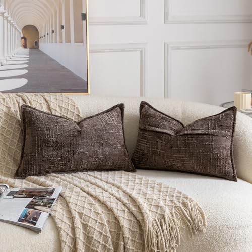 Image of MADIZZ Pack of 2 Chenille Throw Pillow Covers 12x20 Inch Dark Taupe Soft Neutral Decorative Throw Pillows for Couch Sofa Boho Accent Cushion Covers Modern Farmhouse Home Decor for Bedroom Living Room
