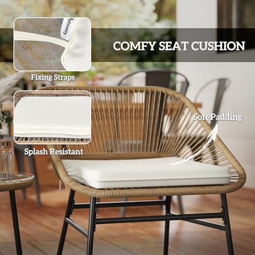 Outsunny 3-Piece Rattan PE and Steel Garden Set, Set of 2 Chairs with Cushions and Cylinder Coffee Table with Glass Top, Balcony Furniture Set, for Patio and Courtyard, Wooden Colour – Image 6