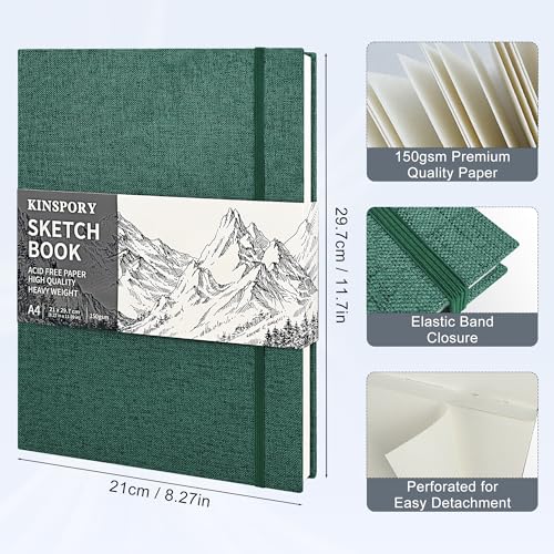 KINSPORY Szkicownik z Twardą Okładką w Tkaninie A4, Blok Szkicowy - 21 x 29.7 cm, 50 Arkuszy 150 g/m² Profesjonalny Perforowany Papier Szkicowy, Podróżny Blok Rysunkowy dla Artystów