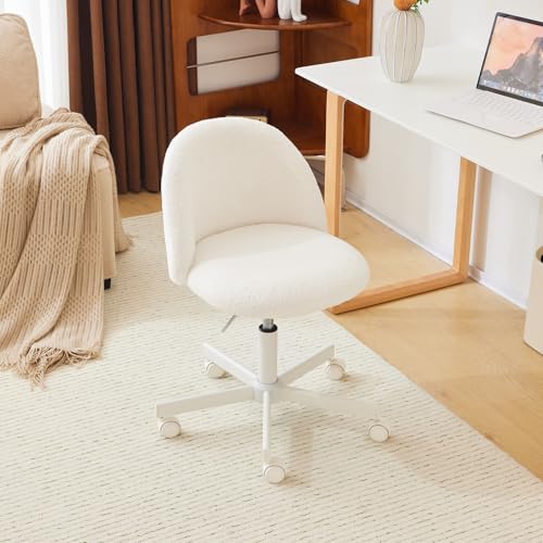 Bonnlo Chaise de Bureau Mignonne sans Accoudoirs, Petite Chaise Confortable, Fauteuil de Coiffeuse avec Support Lombaire, Chaise Pivotante Réglable pour Bureau, Chambre, en Teddy (Blanc)