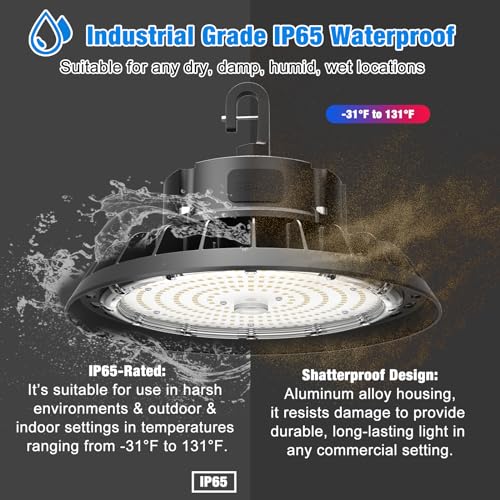 G GJIA 15000LM Super Bright High Bay Lights 5000K, 0-10V Dimmable,US Plug 5' Cable, 100-277V for Workshop Barn Warehouse(4 Pack) — view 4
