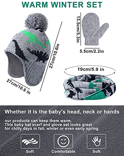 SATINIOR Winter Toddler Boys Hat Dinosaur Warm Mittens Scarf Set Pompom Baby Beanie Knitted Baby Hat Scarf Gloves Earflaps2