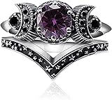 COLORFUL BLING Amethyst Triple Godness Moon Band Ring Set Purple Crystal Wicca Pagan Cresent for Women Wedding Engagement Promise Jewelry-10