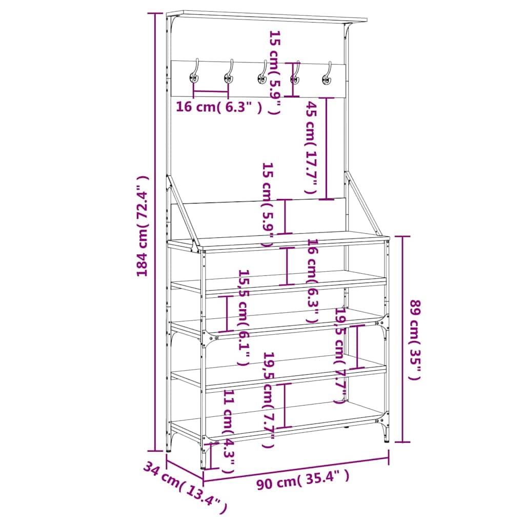 Kleiderständer Garderobe mit Schuhablage Schwarz 90x34x184 cm freistehend aus Holzwerkstoff und Metall platzsparend mit Haken und Rollen für Flur Schlafzimmer Ankleidezimmer