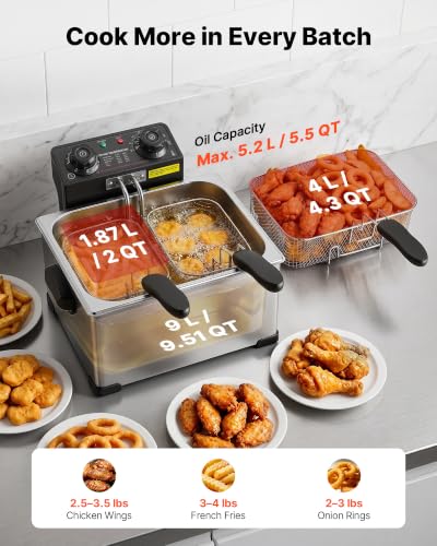 Image of VEVOR Commercial Electric Deep Fryer, 9.51 Qt, 1700W Stainless Steel Countertop Fryer with Large & Small Baskets, Overheat Protection, Temp Control, Timer, Detachable for Home Restaurant Use, Silver