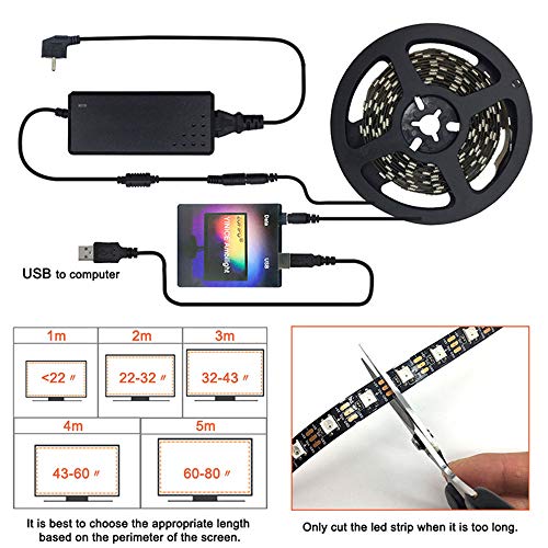 HNQH Fita de luzes RGB de 60 LEDs, luz de fundo regulável para TV, luzes de LED para exibição de com