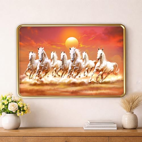 Image of XOPY Seven Running Horses with Golden Frame | Vastu 7 horses Raw Pyrite Painting for Home, Office & Living Room Wall Decore | 12X18 Inch Sparkle Laminated Frame | Best For Gifting (3070, 12X18)
