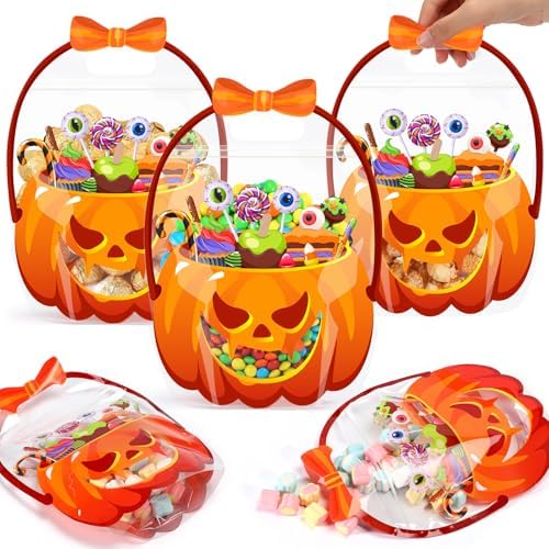 Fuutreo 50 Pcs Thanksgiving Bags Plastic Thanksgiving Goodie Bags with Handles Fall Sealed Pouch Sealing Pumpkin Treat Candy Pouch for Fall Harvest Party Candy Gift Supplies Decoration(Pumpkin)