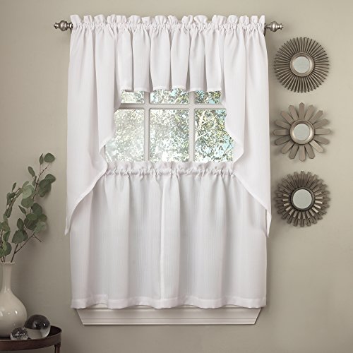 Image of Sweet Home Collection 5 Pc Kitchen Curtain Set-Valance Swag Choice of 24 inch or 36 inch Tier Pair, Ribcord White
