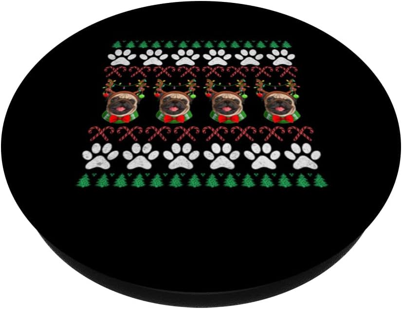 Cute Christmas Pug Puppy - Pug Xmas Paw Prints PopSockets Adhesive PopGrip, Black - Image 3