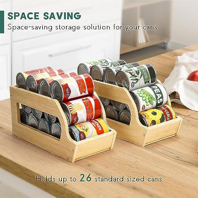 Bamboo Can Organizers and Storage for Pantry, Soda Can Organizer Beverage Drink Holders, Stackable Canned Goods Organizer Can Dispenser for Pantry, Kitchen, Cabinet (2 Pack)