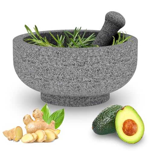 Large Mortar and Pestle - Double Sided Stone Mortar Unpolished Granite Bowl 6.5 Cups 8.5 Inch for Grinding Spices, Salsa Sauce, Avocado Sauce Molcajete Bowl