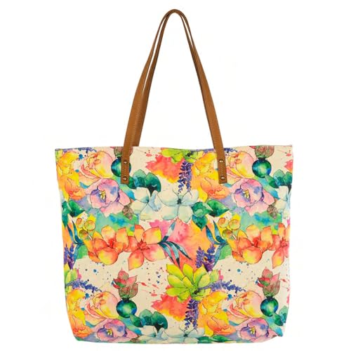 Bolso tote floral de lona y cuero para mujer miniatura 1