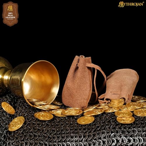 Image of Pack of 25 Mythrojan Small Trinket Pouches Suede Leather Drawstring Coin & Dice Bags for LARP, SCA, Viking & Medieval Events, Color : Brown
