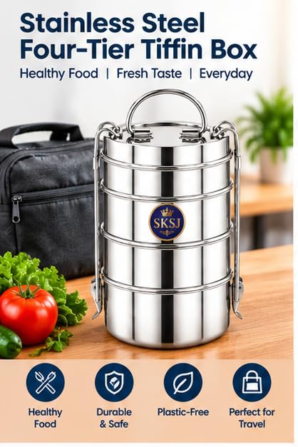 Image of SKSJ Stainless Steel Four-Tier Lunch Box with Lid & Handle | Durable Multi-Layer Tiffin Box for School, Office & Travel | Plastic-Free Food Storage Container