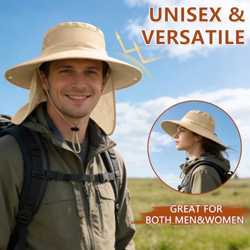 Image of ZOORON Sun Hats for Men Women Fishing Hat with Neck Flap,UPF 50+ Sun Hat Waterproof Wide Brim Bucket Hats for Safari Hiking