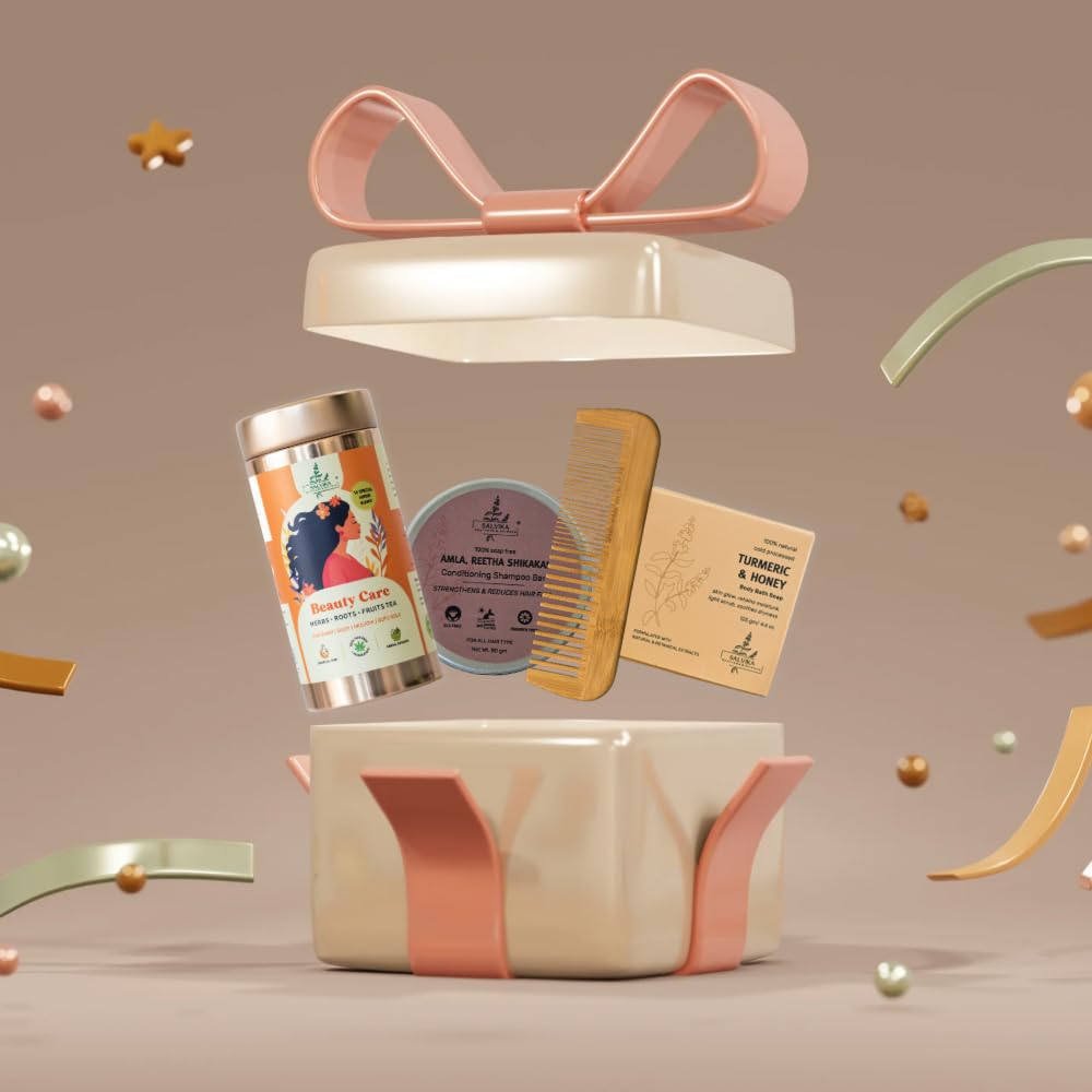 Salvika Beauty Care Tea,Turmeric & Honey Soap,Neem Comb,Amla Reetha & Shikakai Shampoo Bar Gift Combo pack For Festive Season-image-12