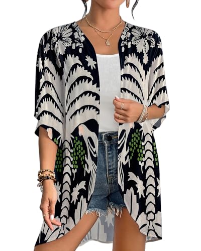 Bsubseach Women’s Kimono Swimsuit Coverup Boho Floral Print Cardigan Half Sleeve Beach Bathing Suit Cover Up Loose Tops
