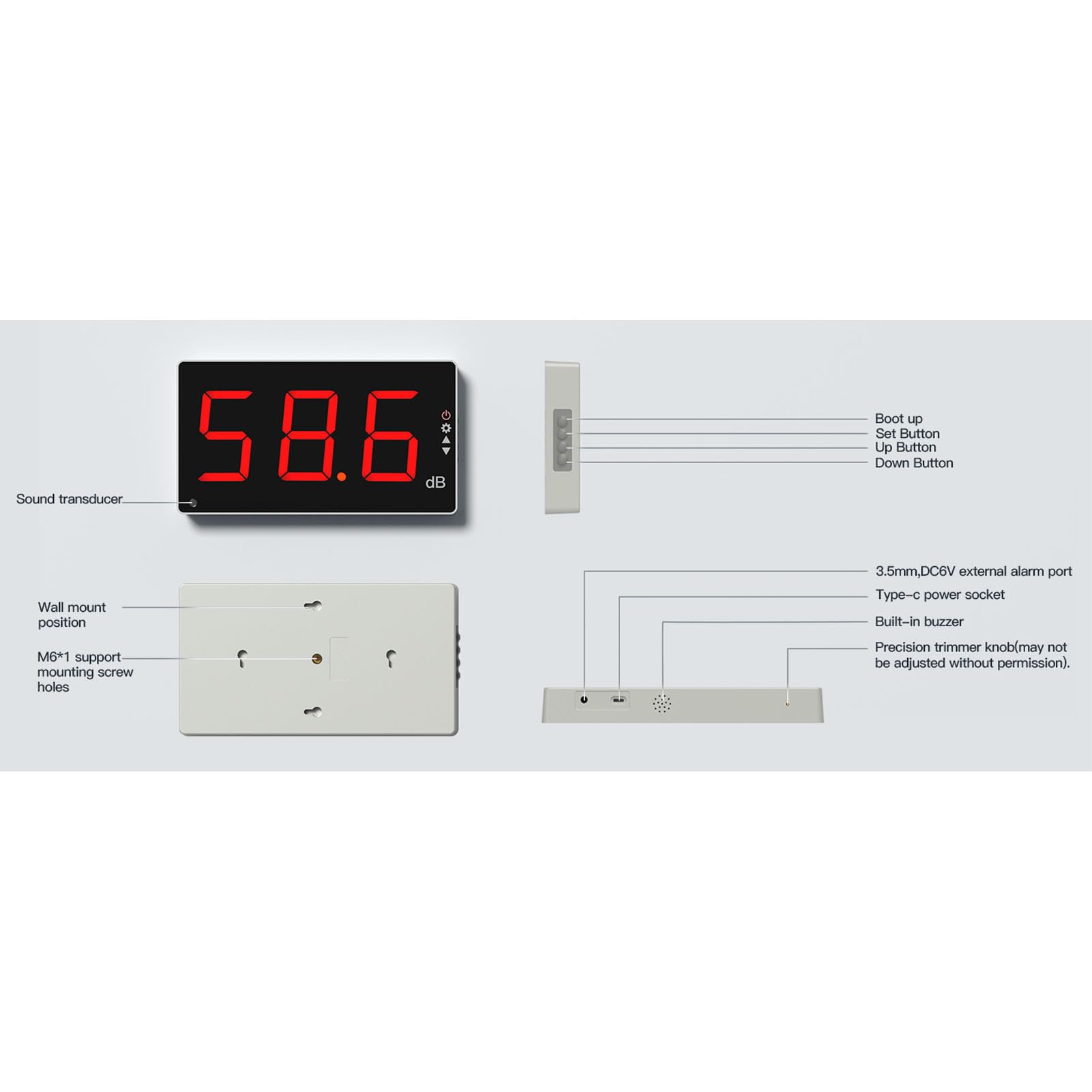 Sonómetro de pared, pantalla LCD de 3 pulgadas, rango de medición de 30 a 130 dB, gran pantalla LCD roja, con función de alarma.