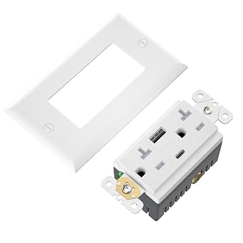 Wengart USB Wall Outlet 20 Amp 1-Pack, 5.0A 25W High Speed USB C and USB A Wall Charger, Tamper-Resistant TR Duplex T-Slot Receptacle, UL Listed for Kitchen Garage, Wall Plate Included, White