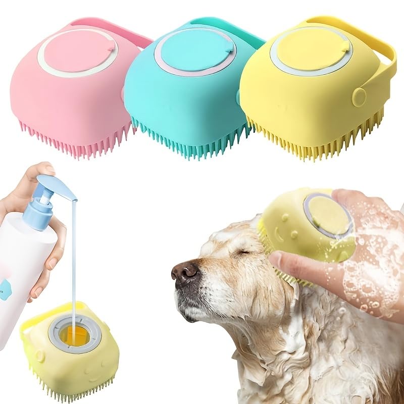 Pet Grooming Bath Brush With Soap Shampoo Dispenser Soft Silicone Bristles Ergonomic Handle for Dogs and Cats, SquareYellow