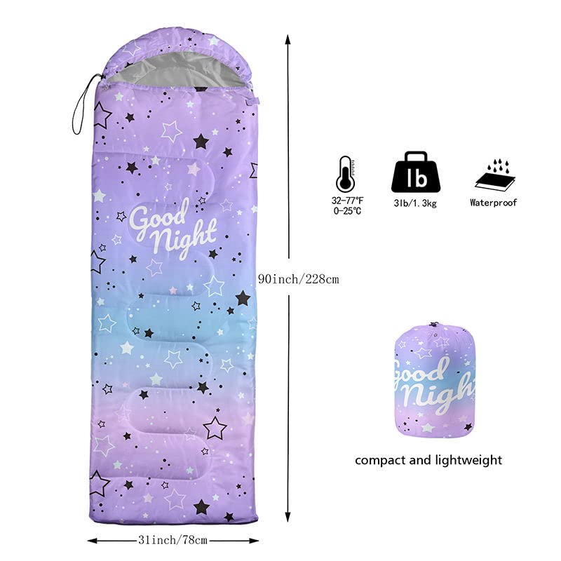 HOSIMA Sleeping Bags for Boys Girls Kids,Purple Stars Printed Lightweight Warm Portable Outdoor Indoor Waterproof Cold Resistant Sleeping Bag for Camping Hiking (Stars) - Image 3