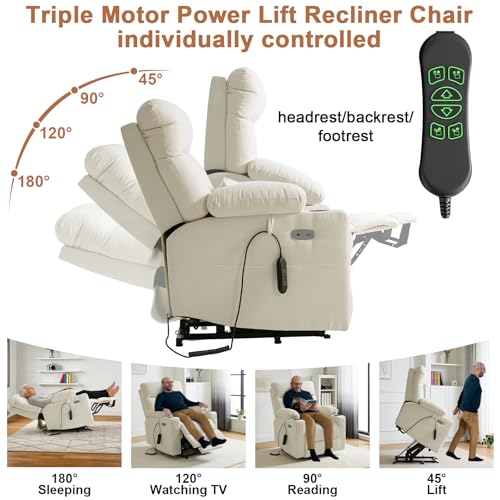 Image of BEDHOURS Tri-Motor Power Lift Recliner Chair for Elderly, Zero Gravity Infinite Position Lay Flat with Adjustable Headrest & Lumbar, Vibration Massage & Heat, Cup Holders, Ivory Rice
