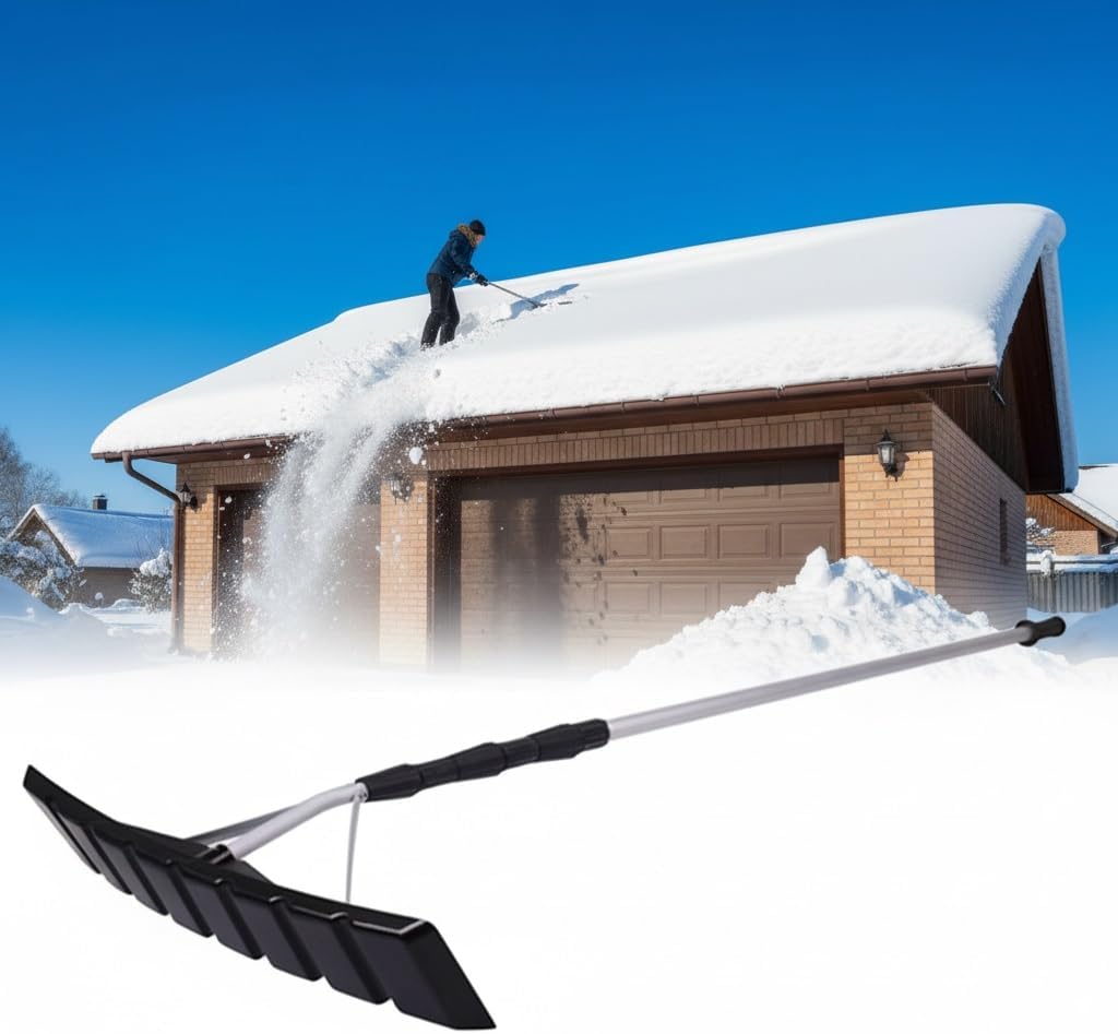 6.3-21 Ft Aluminum Snow Rake, with 25 Inch Blade, 5 Extension Tubes & Anti-Skid Handle, Telescoping Snow Removal Tool for Removing Snow, Leaves, Debris