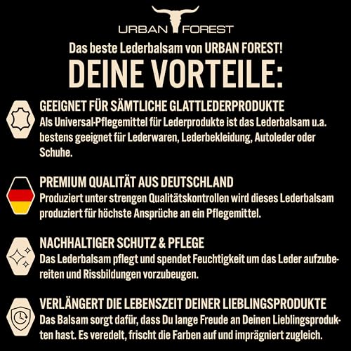 URBAN FOREST Lederpflege mit Bienenwachs & Avocado-Öl 250ml für Auto Sofa Couch Möbel Jacke Motorradbekleidung Handtaschen Ledercouch Schuhe Sattel für Pferde Lederfett - Premium Leder Balsam