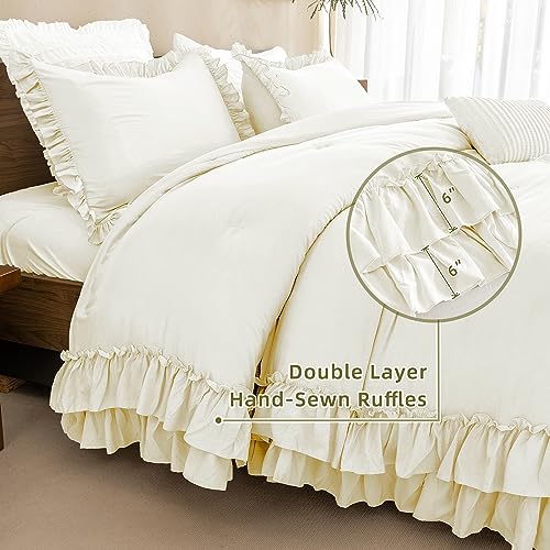 Image of QSH Ruffle Comforter Set King Size, Shabby French Country Chic Bedding Ivory Comforter Sets, 3 Pieces Farmhouse Lightweight Boho Comforter Set for Bed, Ultra Soft Microfiber Fluffy Bedding