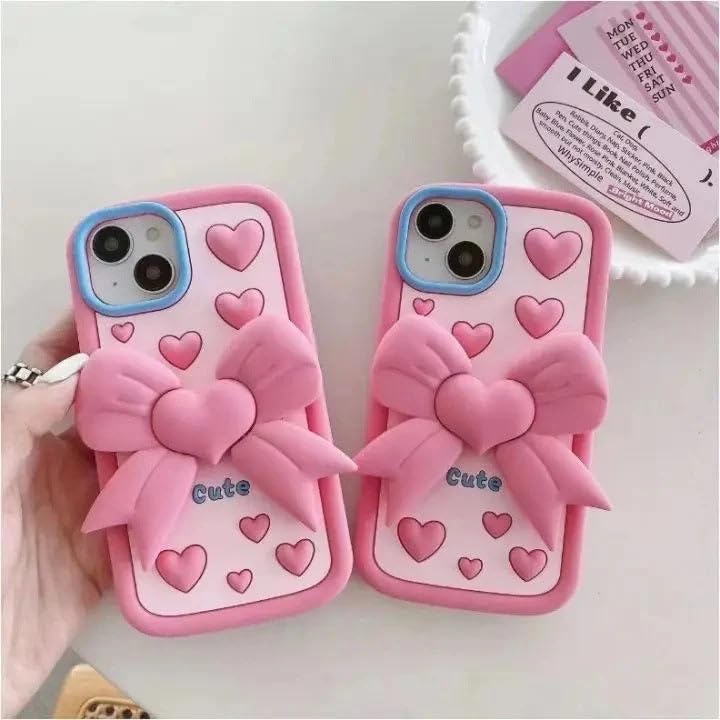 Image of COVERLY for iPhone 17 3D Love Cute Heart Butterfly Case,Full Protective Pink Coquette Bowknot Folding Desktop Stand Beautiful Doll Soft Silicone Fashion Aesthetic Back Cover for Apple iPhone 17