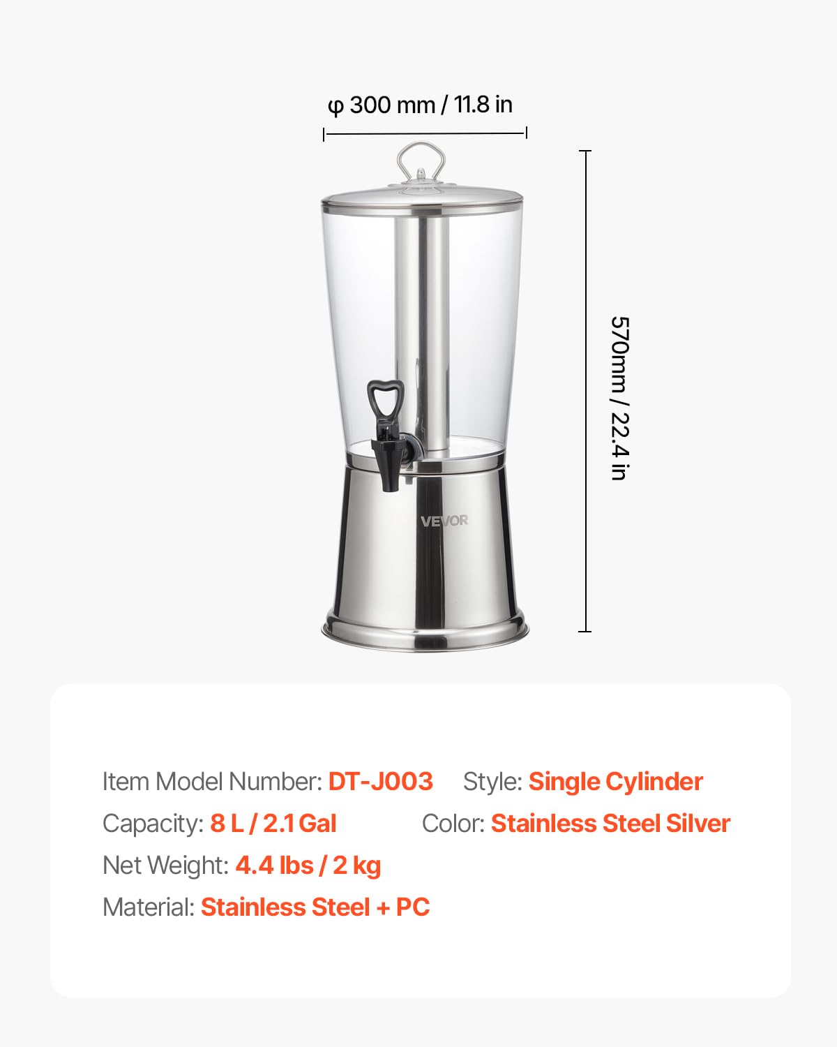 VEVOR Distributeur de Boissons Capacité 8 L, Fontaine à Eau en Acier Inoxydable et Plastique, avec Robinet et Compartiment à Glace, Distribution de Jus Limonade Thé Glacé, pour Restaurants Cafés