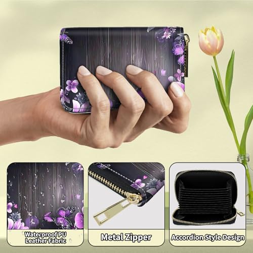 Purple And Pink Flowers Wooden Credit Card Holder for Women with Zipper Small Credit Card Wallet PU Leather RFID Blocking Wallet Card Organizer Wallets Accordion Wallets Gift for Women or Men3