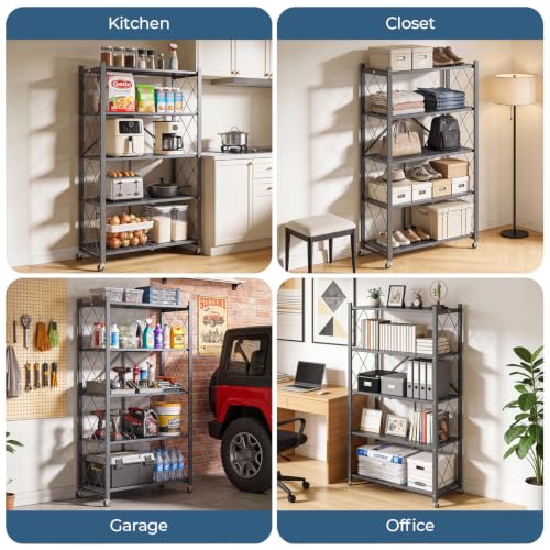 Image of Upgraded 18% Thickened Portable 5-Tier Foldable Storage Shelves with Wheels | Heavy Duty Storage Shelf Collapsible Shelves Unit Display for Garage Storage Kitchen Pantry & Closet Organizer, Grey