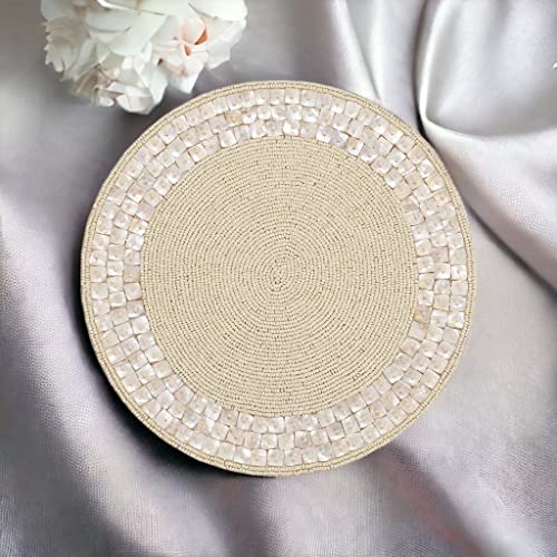 Beaded Placemats For Dining Table White Ivory - Pack Of 1 Measure 13 Inches Beaded Placemats Round For Gathering, Thanksgiving - Occasional Decoration And Family Parties Celebrations. #TOP4