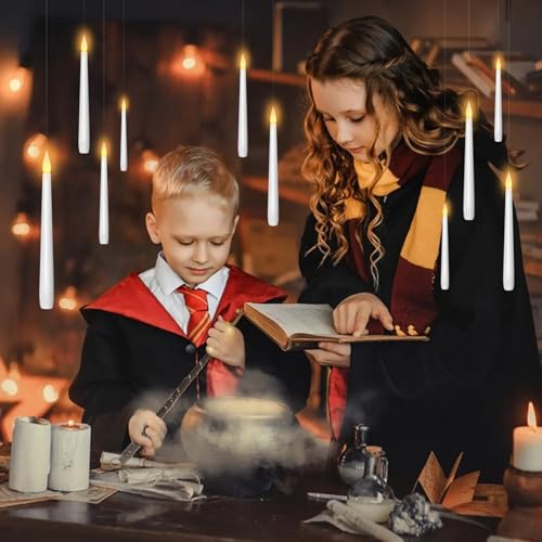 Flameless Floating Candles with Wand,20 Pcs Magic LED Hanging Taper Candles,Flickering Battery Operated Taper Candle with Wand Remote for Halloween Decorations Best Gift(White) - Image 4