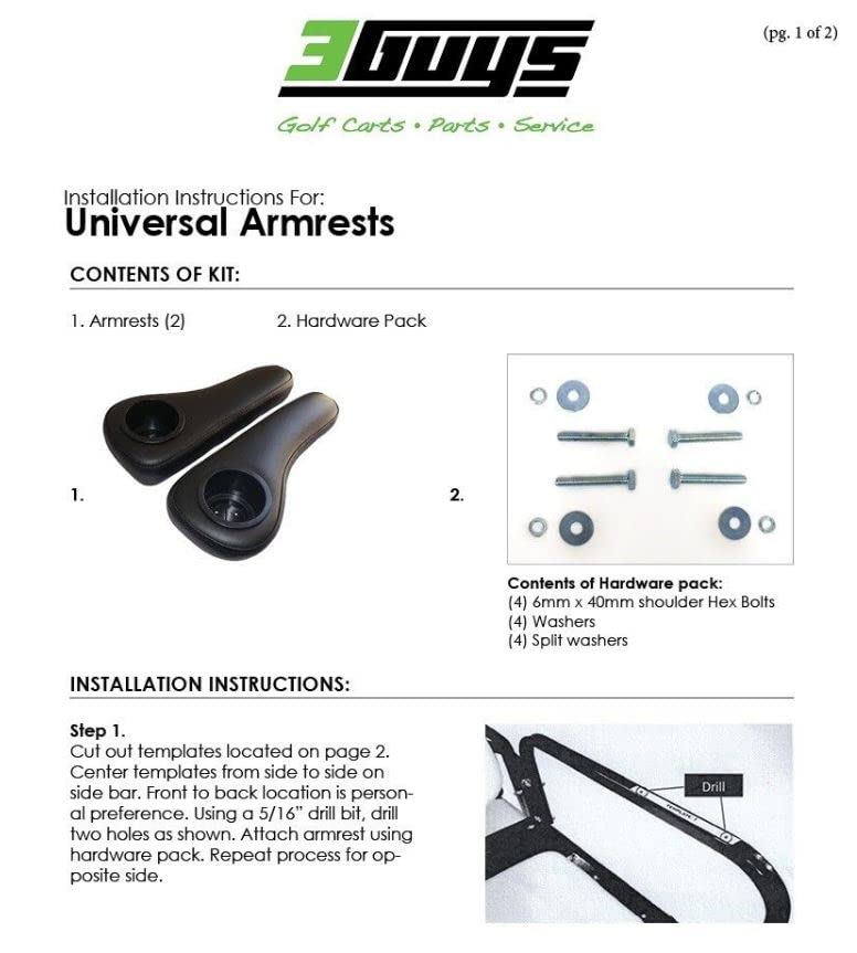 3G Black Arm Rests for Rear Seats for EZGO, Club Car & Yamaha Golf Carts