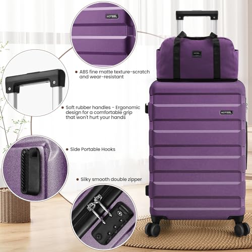 Image of Hoteel Luggage Sets 3 Piece, 4-Year Warranty, Carry-On Luggage with Dual-Spinner Wheels, ABS Hard Shell Suitcase with TSA Locks, 20 Inch Lightweight Luggages for Travel, Purple(20IN /DB /TB)