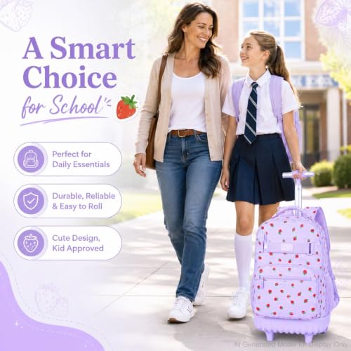 Image of 3Pcs Rolling Backpack for Girls Women, Travel Roller Backpacks with Wheels for Adults, Teens College Strawberry Wheeled Bookbag with Lunch Box (Purple)
