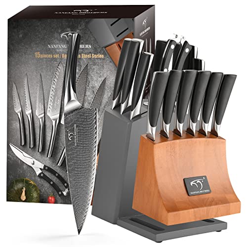Nanfang Brothers Knife Set, 15-Piece Damascus Kitchen Knife Set With Block, Abs Ergonomic Handle For Chef Knife Set, Carving Fork, Disconnect-Type Knife Block Set #TOP5
