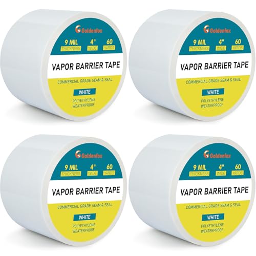 Image of Golden Fox Vapor Barrier Tape, 4 Pack 4'' x 180' Roll, 9 Mil White Polyethylene Moisture and Vapor Barrier Seam Tape for Crawl Spaces, Marine Use, Insulation Tape, Underlayment & More, Waterproofing