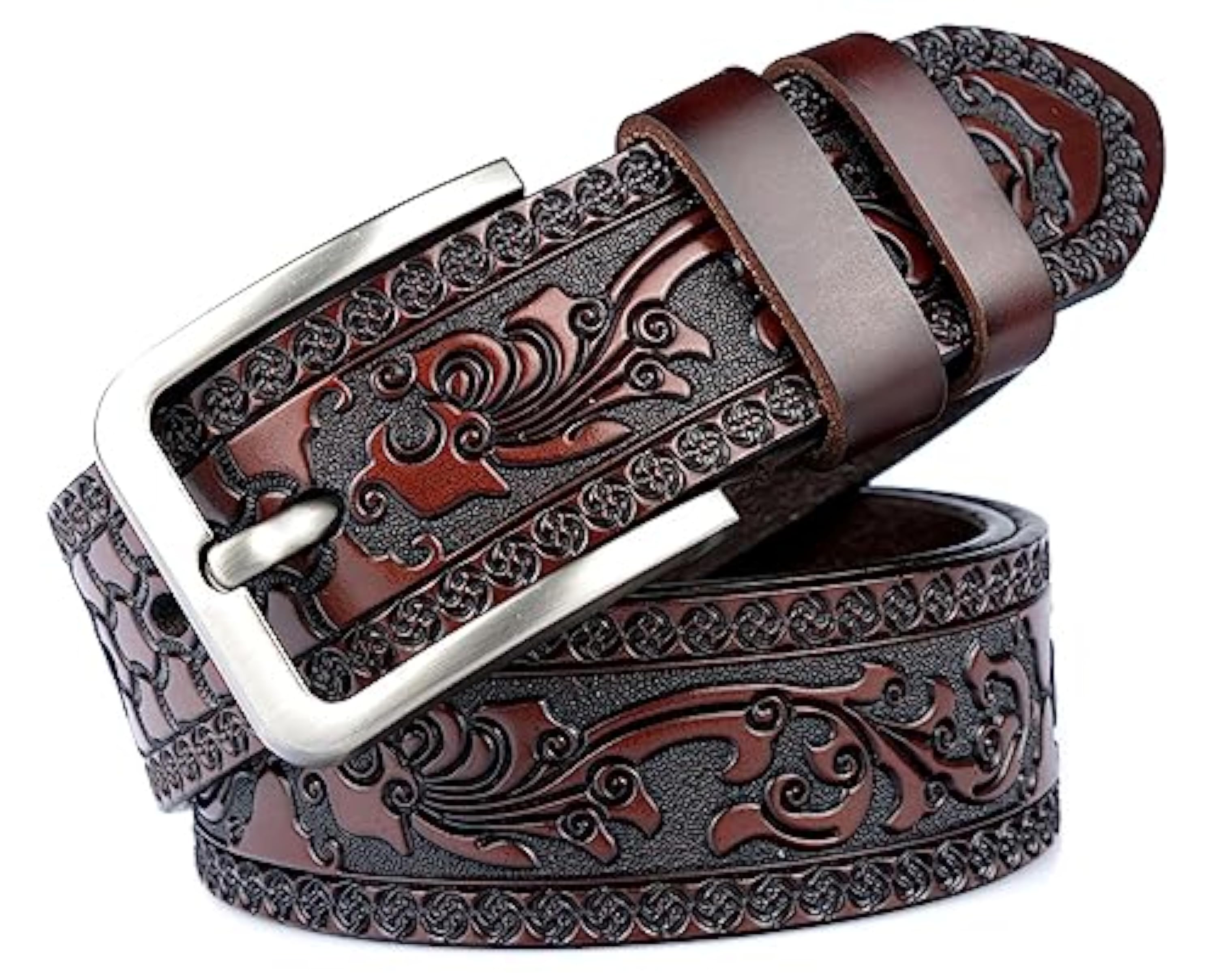 INOGIH Cinturón de piel auténtica con grabado floral occidental para hombre, cinturón casual con hebilla cuadrada para decoración diaria, Café, Suit for Waist 38´´-41´´