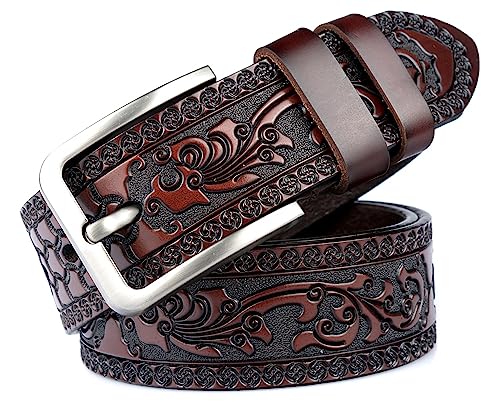 Mens Western Floral Engraved Embossed Tooled Genuine Leather Belt, Square Buckle Casual Belt