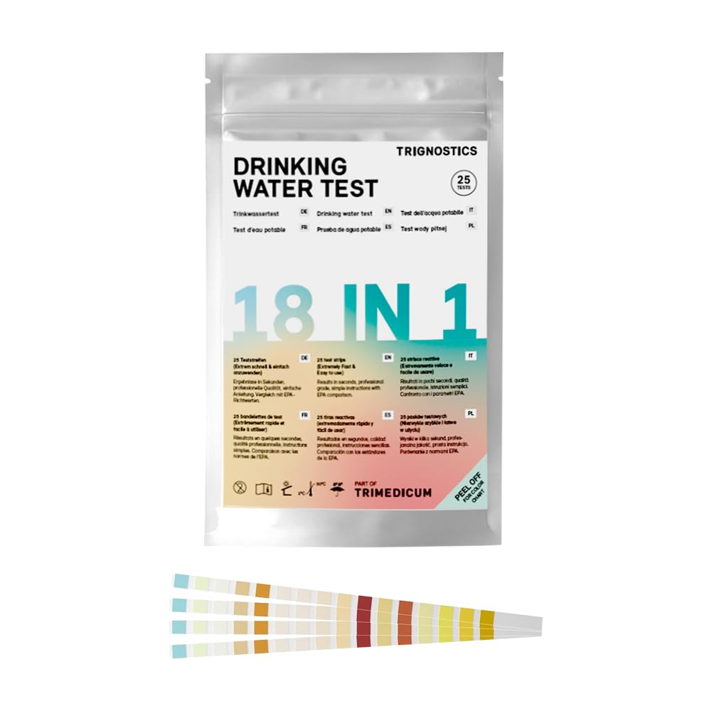 Wassertester Trinkwasser - 25 Trinkwasser Teststreifen - 18in1 Trinkwasser Tester | Wassertest - 18 Parameter für Leitungswasser, Pool & Spa, Aquarium | Wasser Tester Trinkwasserqualität