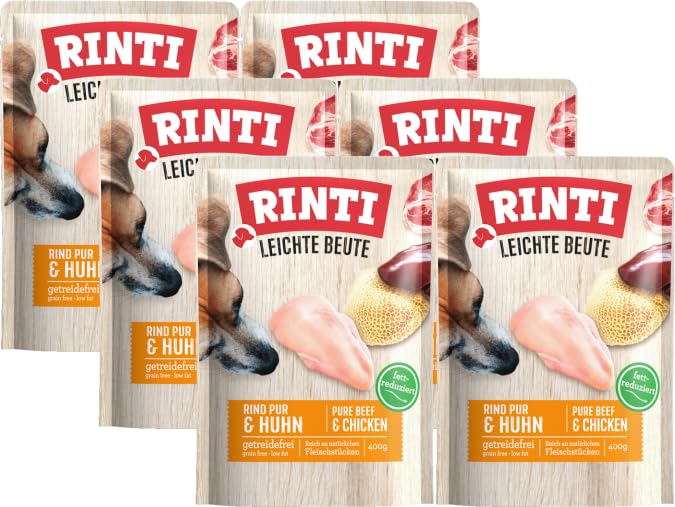 Rinti Leichte Beute Rind & Huhn 6 x 400g | Getreidefreies Nassfutter | Wenig Fett & gut verträglich | Ohne Soja | Umweltfreundlicher Frischebeutel