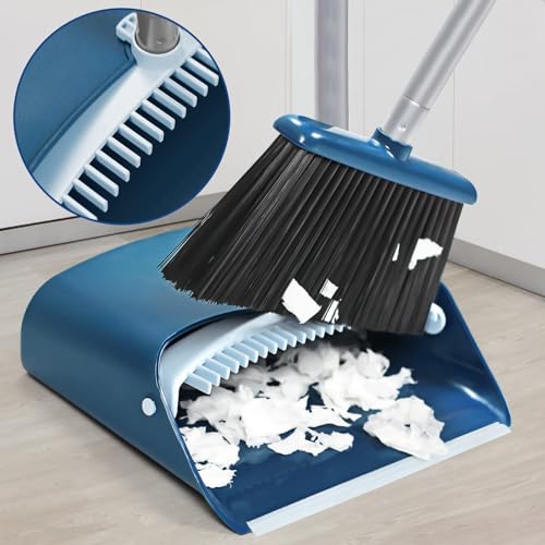 Image of TreeLen Standing Dustpan and Broom Set with 52 Inch Long Extendable Handle for Cleaning Home, Interiors, Kitchens, Office Lobby Floors, Blue