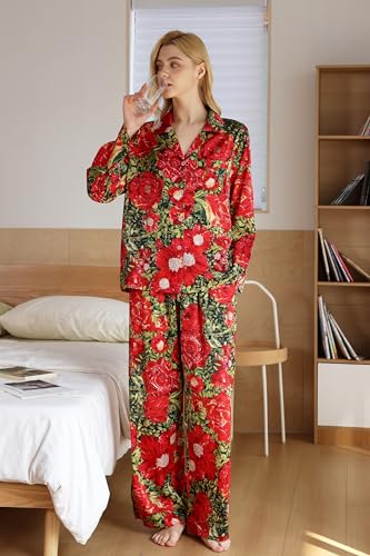 Image of YiNi LuLu Womens Silk Satin Pajamas Set Button Down 2 Piece Pjs Long Sleeve Oversized Sleepwear with Pockets