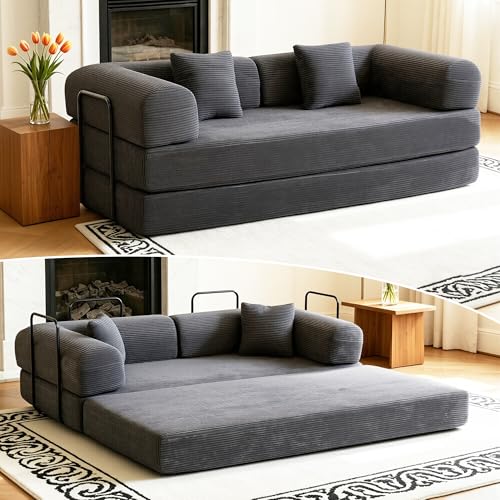 Image of 80 Inch Multi-Functional Convertible Sofa Bed, Fixed Shape Frame, High Density Foam with Corduroy, Easy Assembly, for Living Room and Bedroom. (Gray)