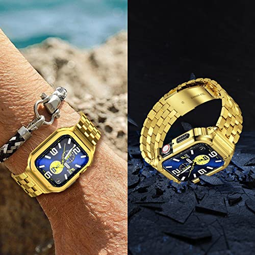 SUPLINK Stainless Steel Case with Band Compatible with Apple Watch Strap Series 9 8 7 45mm Metal Rugged Protector Cover for iWatch Men (Gold) - Image 3