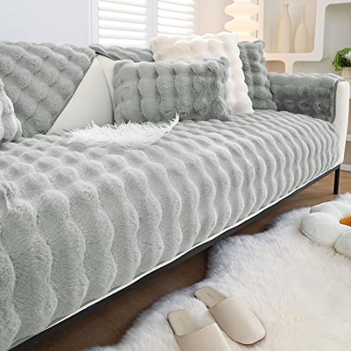 Xslive Soft Warm Faux Fur Couch Sofa Cover Thick Shaggy Fuzzy Sectional Couch Cover Non-Slip Solid Color Plush Sofa Slipcover Furniture Protector For Kids, Pets (Light Grey,28"X47") #TOP5